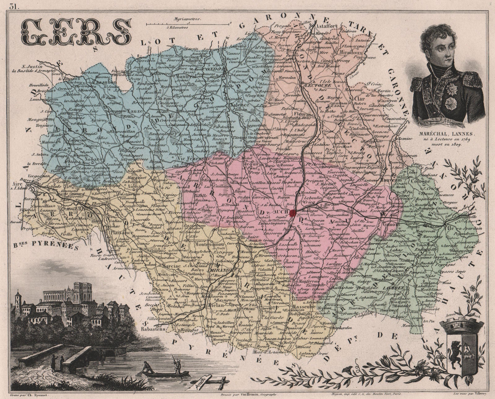GERS. Département. Auch. Lannes. VUILLEMIN 1879 old antique map plan chart
